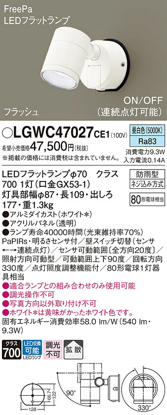 【送料無料】 パナソニック LGWC47027CE1-SF 屋外灯 スポットライト 人感センサー 畳数設定無し LED T区分 安心メーカー保証|照明器具専門店 灯の広場