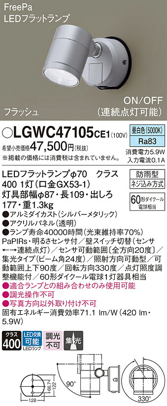 【送料無料】 パナソニック LGWC47105CE1-SF 屋外灯 スポットライト 人感センサー 畳数設定無し LED T区分 安心メーカー保証|照明器具専門店 灯の広場