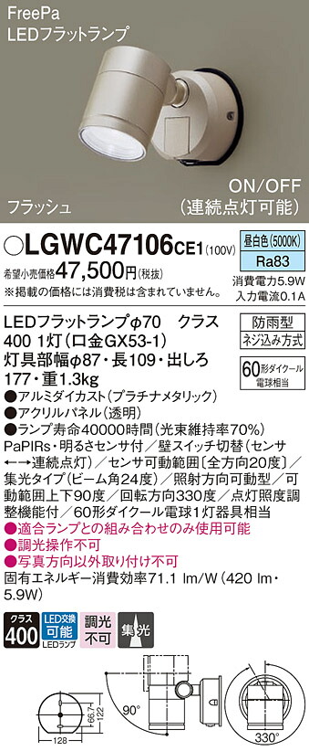 【送料無料】 パナソニック LGWC47106CE1-SF 屋外灯 スポットライト 人感センサー 畳数設定無し LED T区分 安心メーカー保証|照明器具専門店 灯の広場