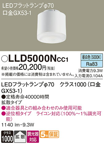 【送料無料】 パナソニック LLD5000NCC1-SF （クラス1000口金GX53-1） ランプ類 LEDユニット 畳数設定無し LED Ｔ区分 安心メーカー保証