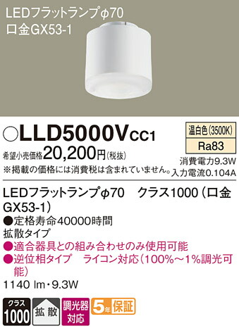 【貨物輸送無料】 パナソニック LLD5000VCC1-空想科学小説 （位置付け1000口金GX53-1） 照明ランプ類 LED社会的単位 畳数備え付ける皆無 LED Ｔカテゴリー化 安全性のある製造会社引き請ける