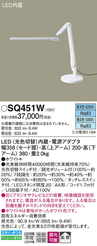 【送料無料】パナソニック SQ451W スタンド 畳数設定無し LED Ｎ区分 安心メーカー保証