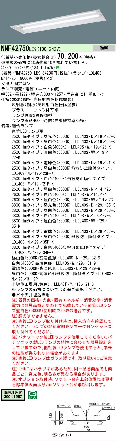 【ご注文合計25,001円以上送料無料】 Ｎ区分 パナソニック施設照明 NNF42750LE9 ベースライト 天井埋込型 ランプ別売 畳数設定無し LED 安心のメーカー保証 9,375円