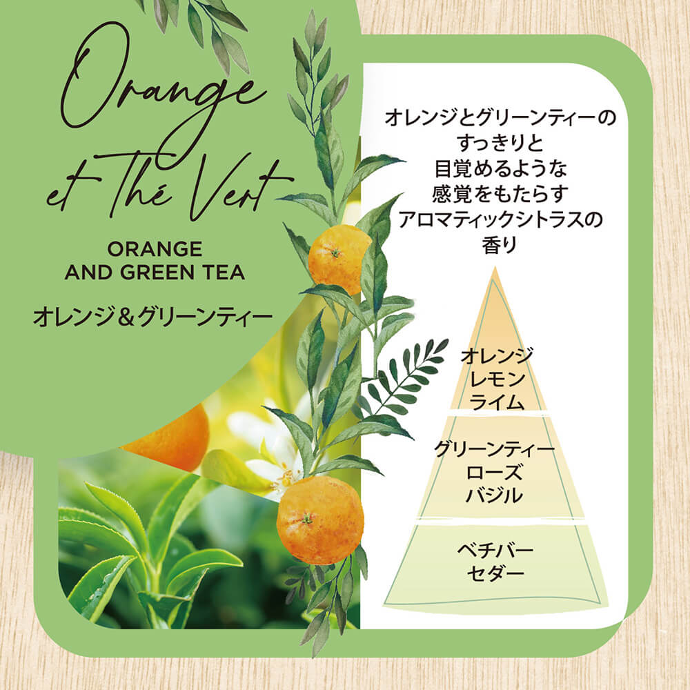 オレンジ&グリーンティー Orange&GreenTea オレンジとグリーンティーのすっきりとした目覚めるような感覚をもたらすアロマティックシトラスの香り。