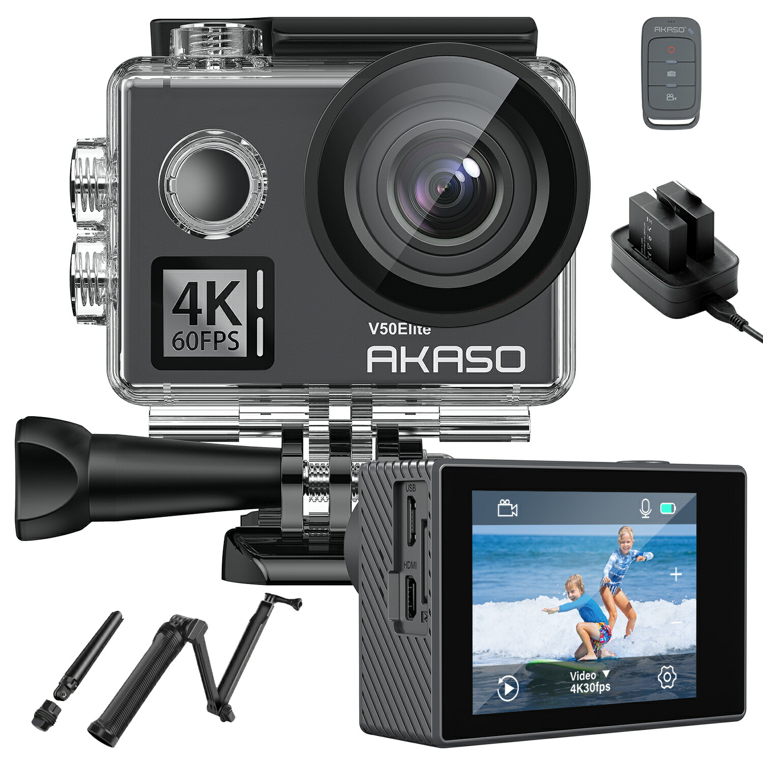 AKASO V50Elite 4k60fps動き写真器 自撮り棒付き添い人 2000万絵素 8倍望遠レンズ EIS防振 40m雨合羽 無線LAN/遠隔操作相応う 170°広角+HDMI最終生産物 Micro USB外の方マイクロホン相応う 運動競技\u0026水中映画化可