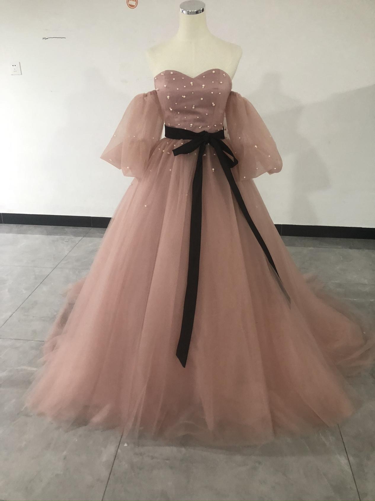 可愛い パーティードレス ピンク 取り外しふわふわ袖 サッシュベルト 憧れのドレス 花嫁|暁_ASUSA