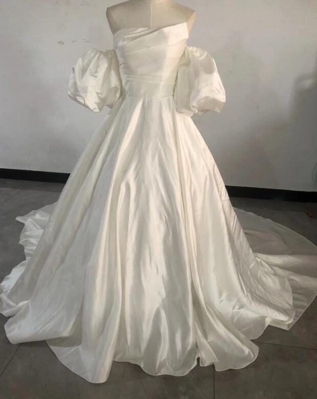 パーティードレス オフホワイト パフスリーブ 取り外し 編み上げ ベアトップ 前撮り 結婚式|暁_ASUSA