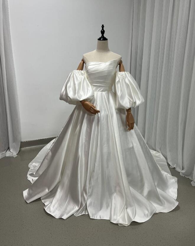 パーティードレス アイボリー パフスリーブ 取り外し 編み上げ ベアトップ 前撮り 結婚式｜暁_ASUSA