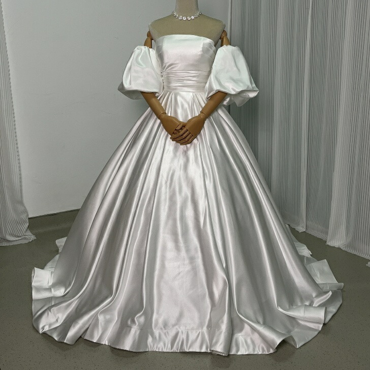ウェディングドレス パフスリーブ ベアトップ 光沢サテン オフホワイト Aライン 結婚式|暁_ASUSA