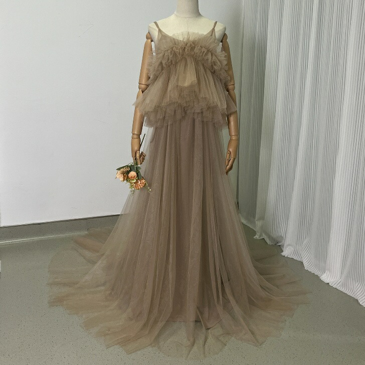 パーティードレス ツーピース 妊婦 カーキ色 ソフトチュール 前撮り キャミソール ふわふわ|暁_ASUSA