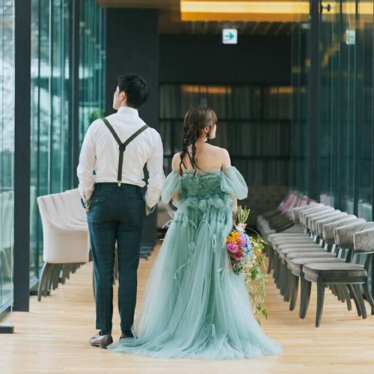 ウェディングドレス　カラードレス　グリーン 楽天市場】カラードレス グリーン ベアトップ トレーン ビスチェ