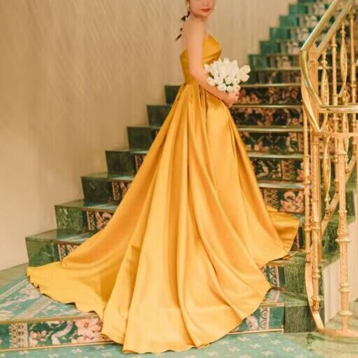 楽天市場】3waysマスタードイエローカラードレス ロング丈 ベアトップ