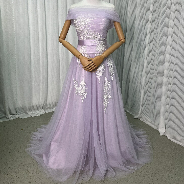 カラードレス オーキッド オフショルダー 繊細レース トレーン 披露宴/結婚式 可愛い|暁_ASUSA