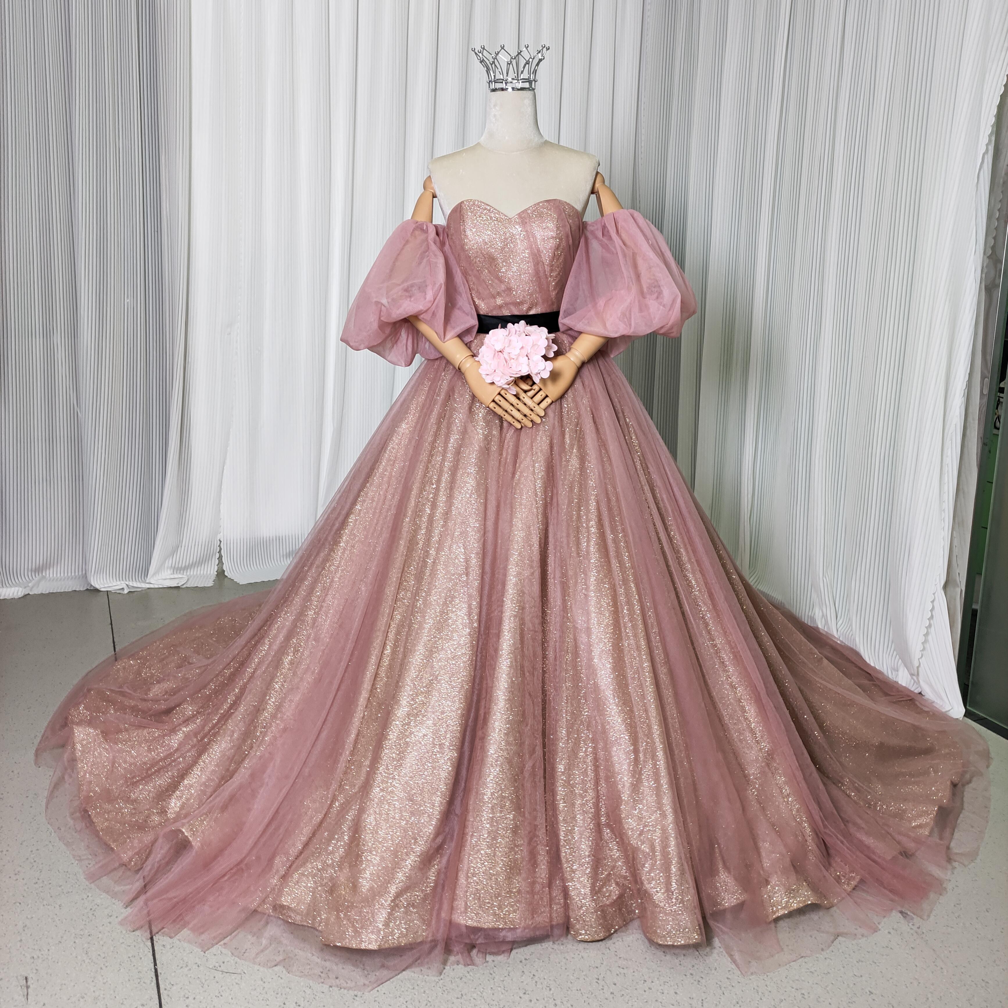 カラードレス ピンク サッシュベルト 取り外し袖 キラキラグリッターチュール Aライン 結婚式|暁_ASUSA