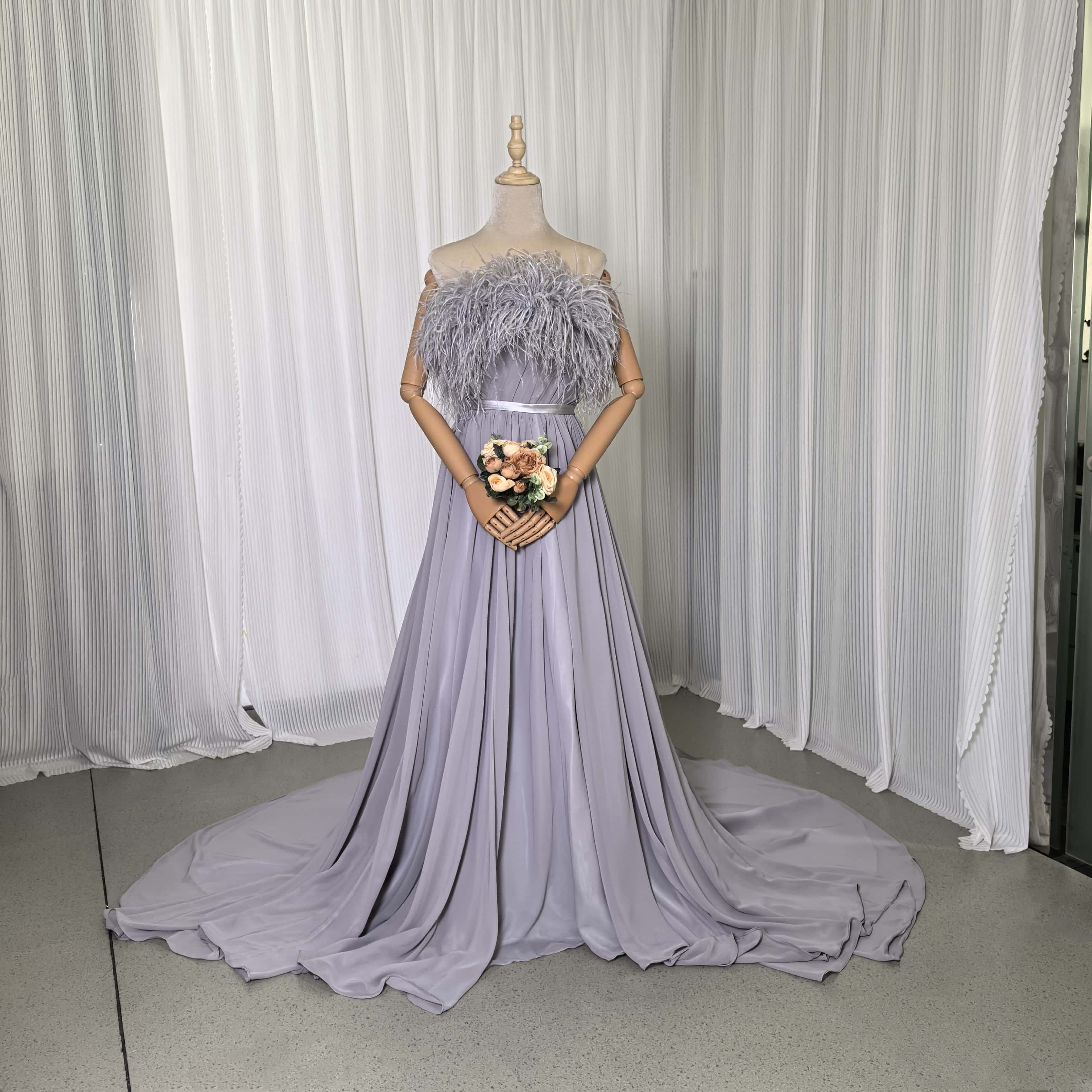 カラードレス フェザー エレガント 優雅なシルエット ノースリーブ　 ブルーグレー 花嫁 フェザー 前撮り｜暁_ASUSA