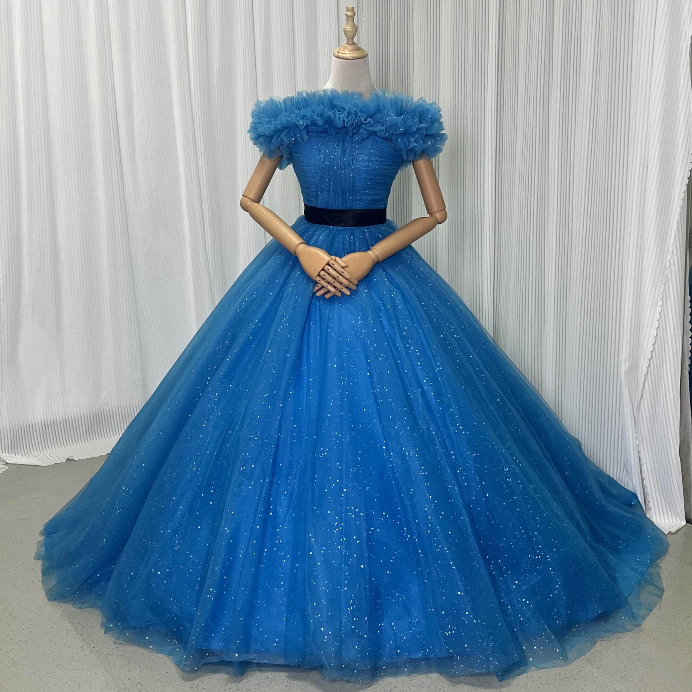 カラードレス オフショルダー サッシュベルト グリッタードレス ブルー 爽やかで優しいブルー ふわふわ 花嫁|暁_ASUSA