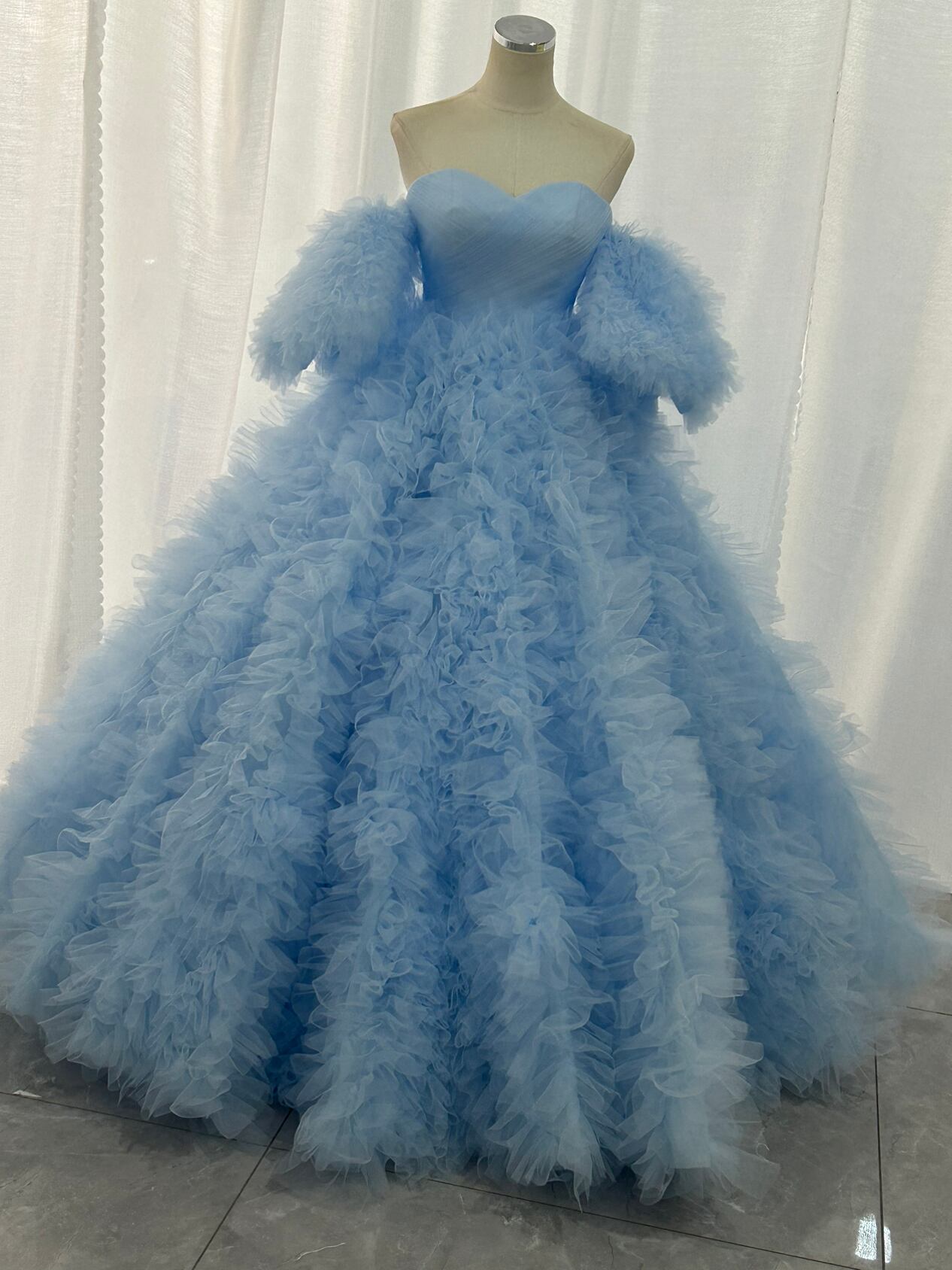 オーバードレス パフスリーブ リボン ブルーグレー ファスナー  