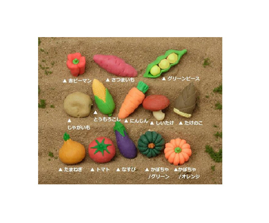 楽天市場 大人気 野菜おもしろ消しゴム ご選択 赤ピーマン さつまいも グリーンピース じゃがいも とうもろこし にんじん しいたけ たけのこ たまねぎ トマト なすび かぼちゃ 緑色 オレンジ Er 0310 面白ケシゴム消しごむ 3cmメール便ok