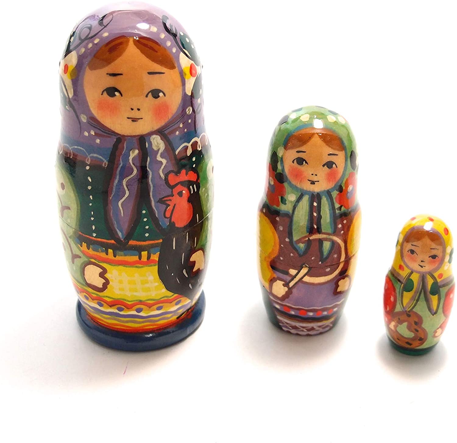 マトリョーシカ ３個組 12cm 「ニワトリ」 アンナ・リャボワ 作 [ロシア雑貨] 　｜Akhtuba