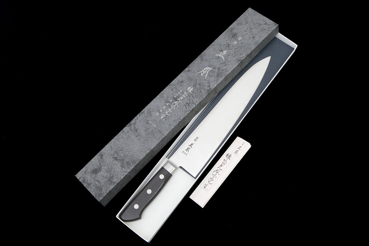 正本総本店　牛刀　195mm 包丁　ツバなし　洋包丁　炭素鋼　未使用保管品 正本総本店 正本 最高級炭素鋼 紫丹柄 ツバ付 牛刀 30cm - 調理器具の