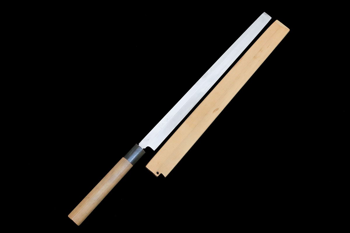 【中古】【並品】原本 蛸引包丁 霞 尺一 青鋼 朴柄 白鞘付 KN02-B5741-2L3B 和ごはん炊き 刺身ごはん炊き 330粍 33糎 中古