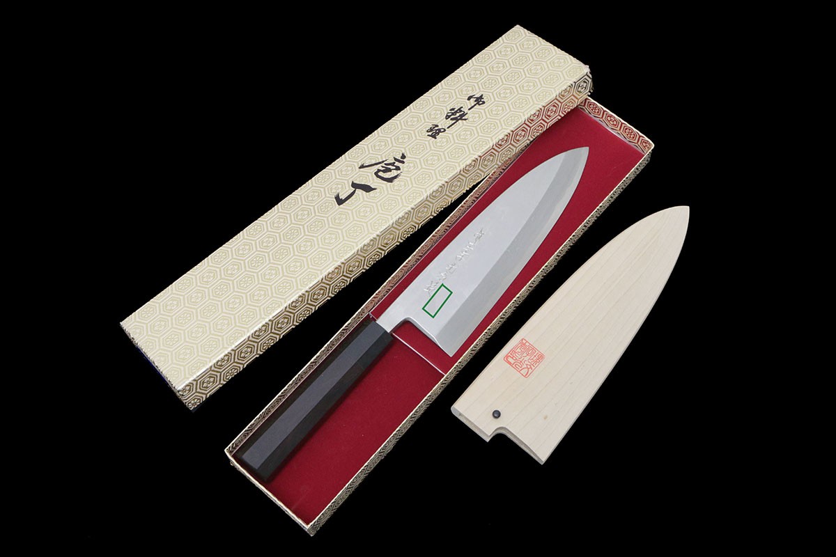 【中古】【未当て嵌める品】堺一文字光秀 小刀 七寸 青鋼 墨流し まっ黒柄 白鞘付・箱付 名入 KN02-B3782-2L4 堺一文字光秀 小刀 七寸 箱付