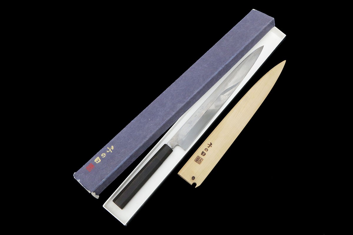 【中古】【美品】子の日 柳刃まかない方 尺 本焼 水鏡研 白鋼 まっ黒柄 白鞘付・箱付 KN02-B4607-2L4 和まかない方 刺身まかない方 300粍 30珊 中古