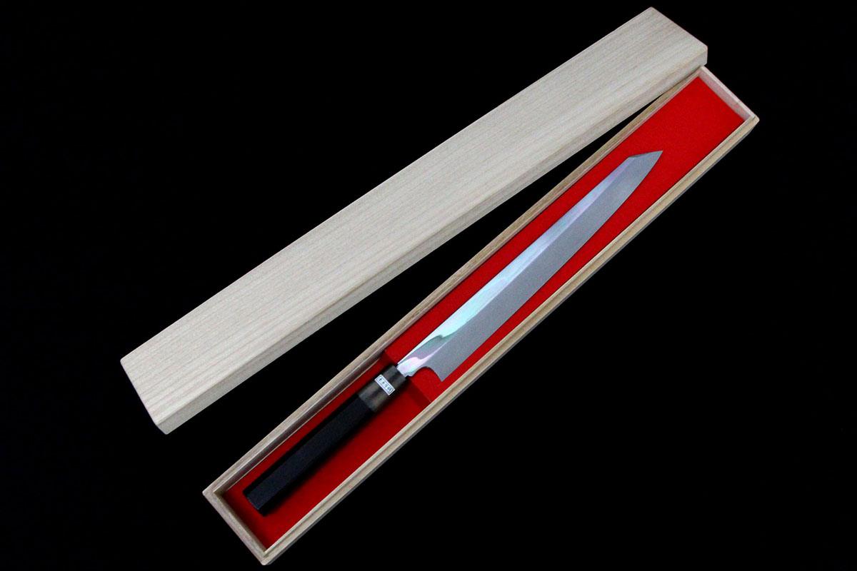 【中古】【未使用品】無銘 切付型柳刃包丁 九寸 水本焼 平鏡面 桐箱付 λA4937-2L4