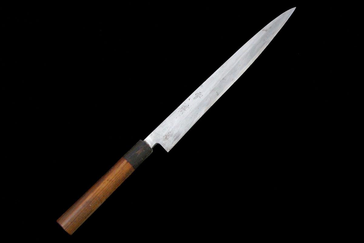 祐成　先丸　本焼包丁　尺一　木箱　鞘　付き　刃文有り 天之一神 先丸蛸引包丁 尺一 白一鋼 水本焼 銀巻柄 目釘留 鞘