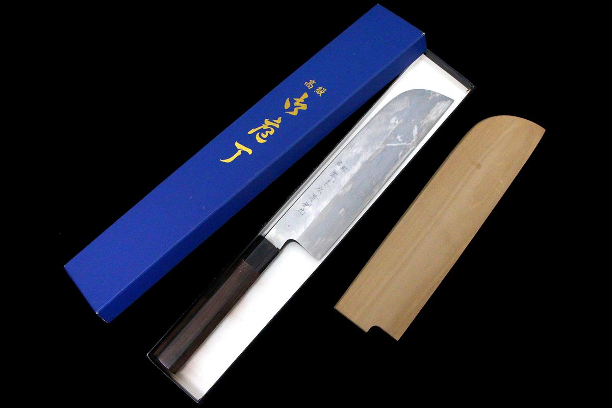 【中古】【極美品】堺末広 鎌型薄刃まかない方 七寸半 本焼 まっ黒柄 白鞘・箱付 λA6781-2L2A