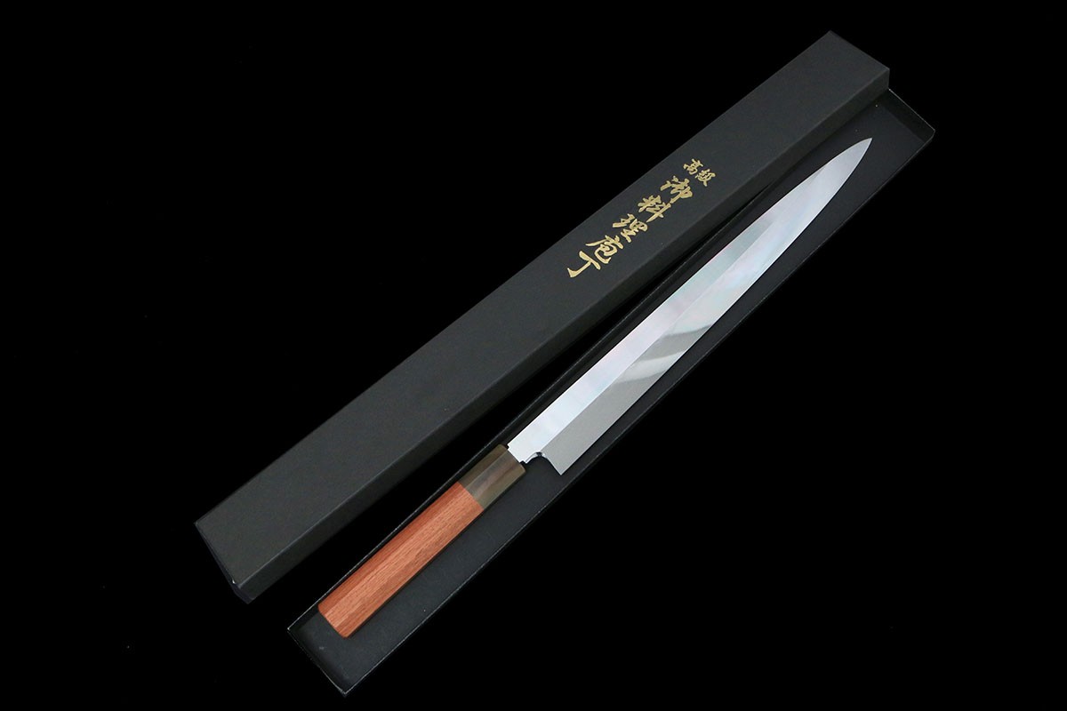 【中古】【未当てはめる品】無銘 柳刃ごはん炊き 水本焼 尺一 白鋼 花梨柄 箱付 KN02-B668-2L2C 柳刃ごはん炊き 水本焼 尺一 白鋼 花梨柄 箱付