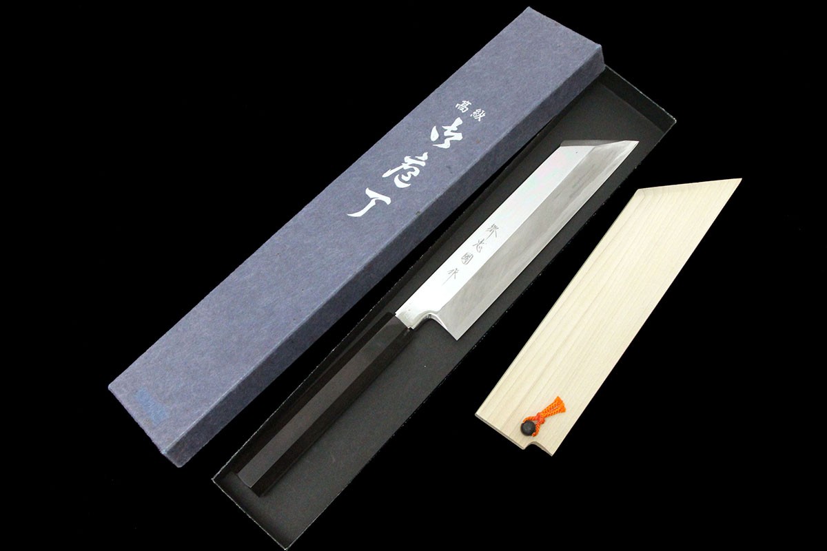 【中古】【極美品】堺忠國 むきものごはん炊き 霞 七寸 銀三鋼 平鏡面 まっ黒柄 白鞘・箱付 KN02-A11382-2L3A 堺忠國 むきものごはん炊き 霞 七寸 銀三鋼 平鏡面 まっ黒柄 白鞘・箱付
