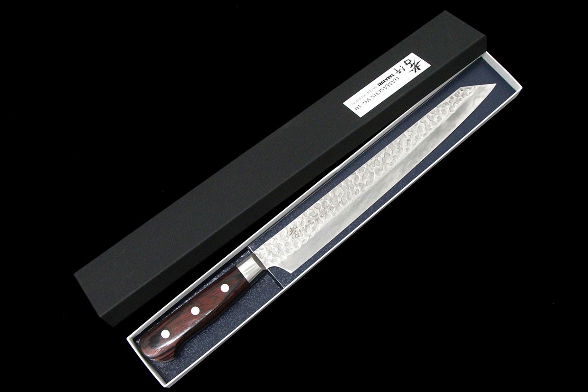 【中古】【美品】堺孝行 剣型筋引包丁 250mm 33層 VG10 ダマスカス鋼 鍔付き柄 箱付 KN02-A11383-2L2C 堺孝行 剣型筋引包丁 250mm 33層 VG10 ダマスカス鋼 鍔付き柄 箱付|アキバ流通プラス店