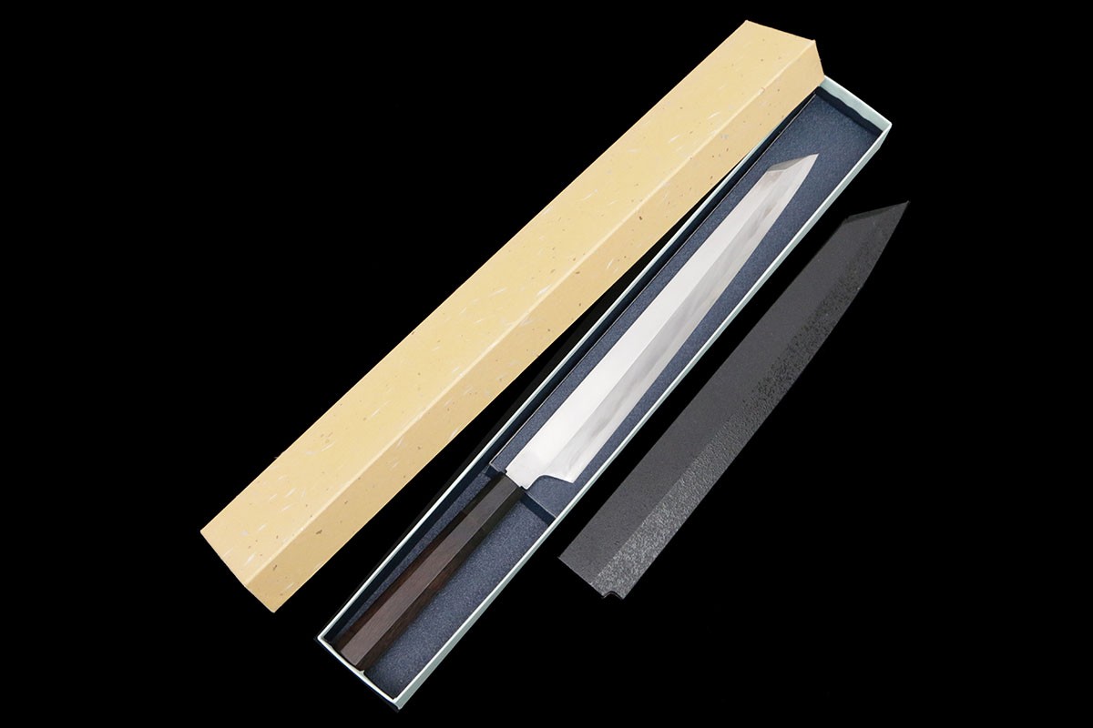 【中古】【美品】堺孝行 切付柳刃まかない方 霞 尺 青二鋼 まっ黒柄 鞘付・箱付 KN02-B3004-2L4 和まかない方 刺身まかない方  300粍 30珊 中古