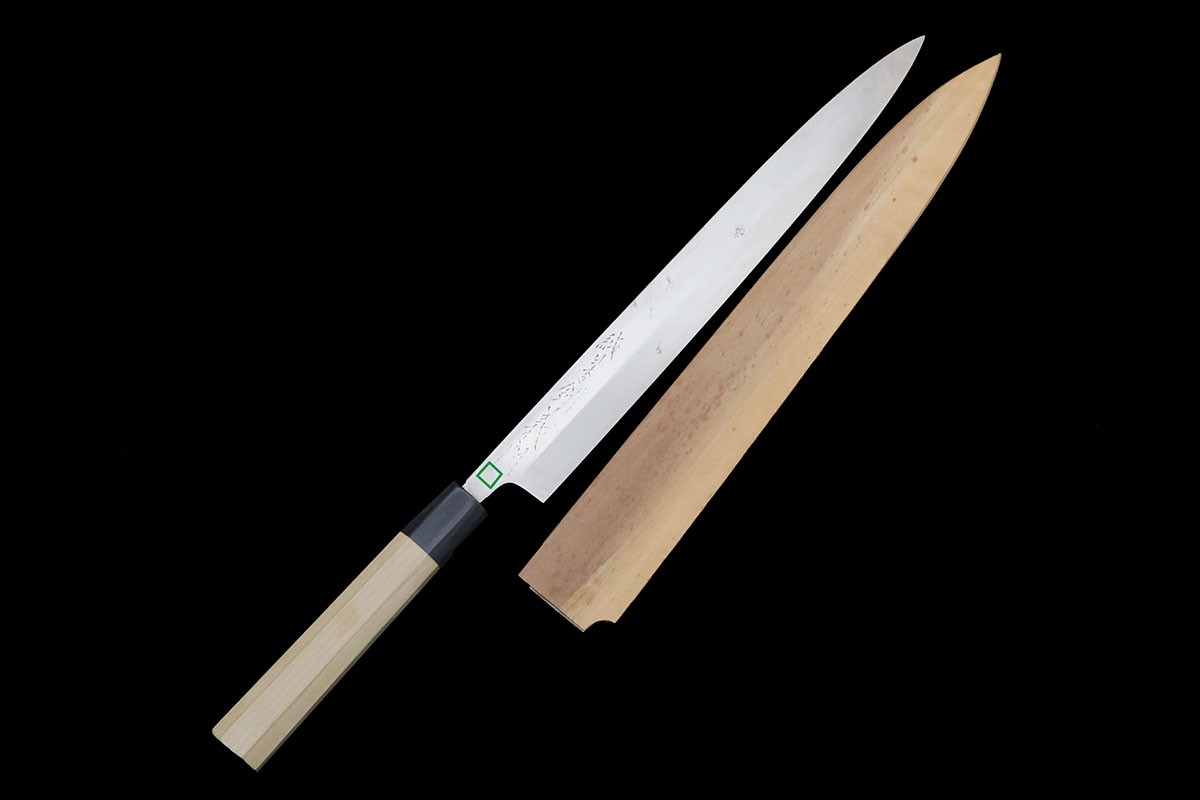 【中古】【美品】義門 柳刃まかない方 本焼 尺一 純日本鋼 朴柄 白鞘付 名入 KN02-B4367-2L3C  和まかない方 刺身まかない方 330粍 33珊 中古
