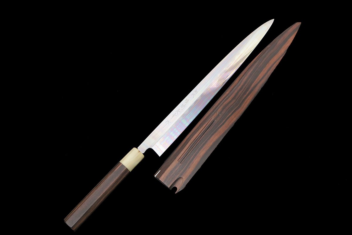 【中古】【未使用品】晴間長幸 初代 柳刃包丁 本焼 尺一 黒檀柄 黒檀鞘 KN02-B4655-2L4 和包丁 刺身包丁 330mm 33cm 未使用品