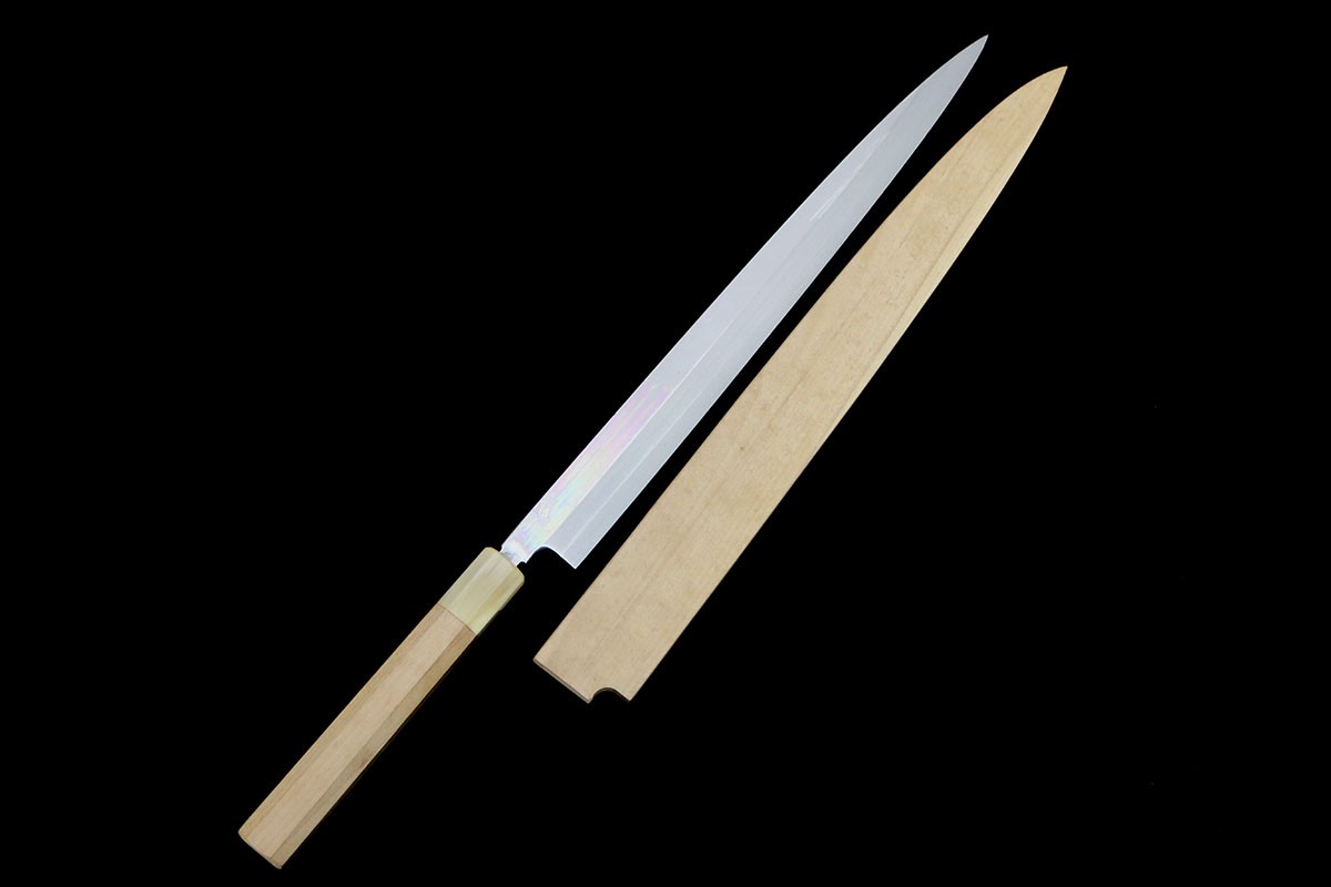 【中古】【未使用品】無銘 河豚引き包丁 本焼 尺一 朴柄 白鞘付 KN02-B4962-2L4 和包丁 刺身包丁 330mm 33cm 未使用品
