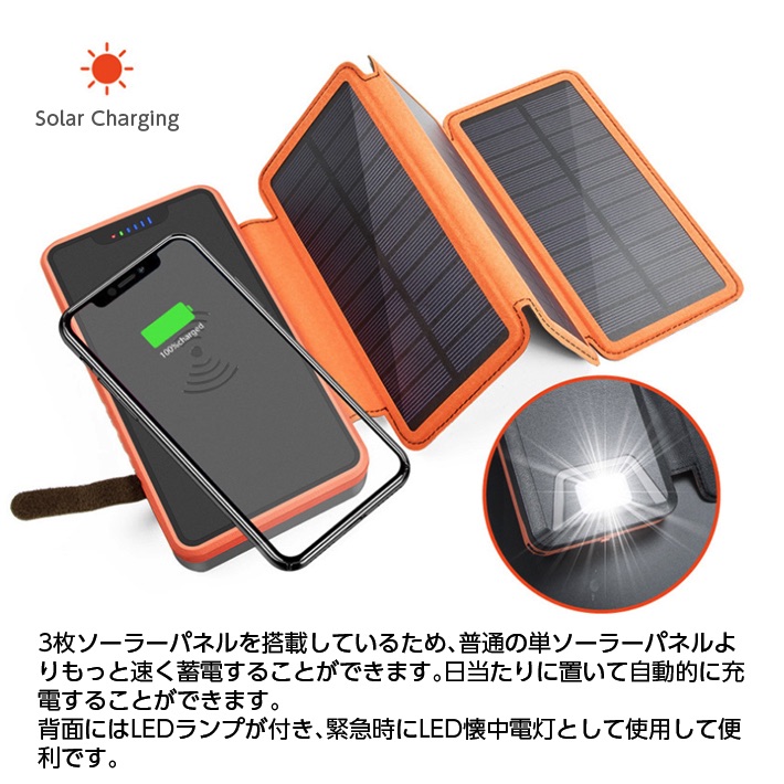 楽天市場 モバイルバッテリー ソーラー バッテリー ソーラーチャージャー 20000mah 大容量elzle ワイヤレス充電器 急速充電 Quickcharge 2usb出力ポート Pse認証済 Ledランプ搭載 3枚ソーラーパネル 折りたたみ式 日本語説明書 アキラストア