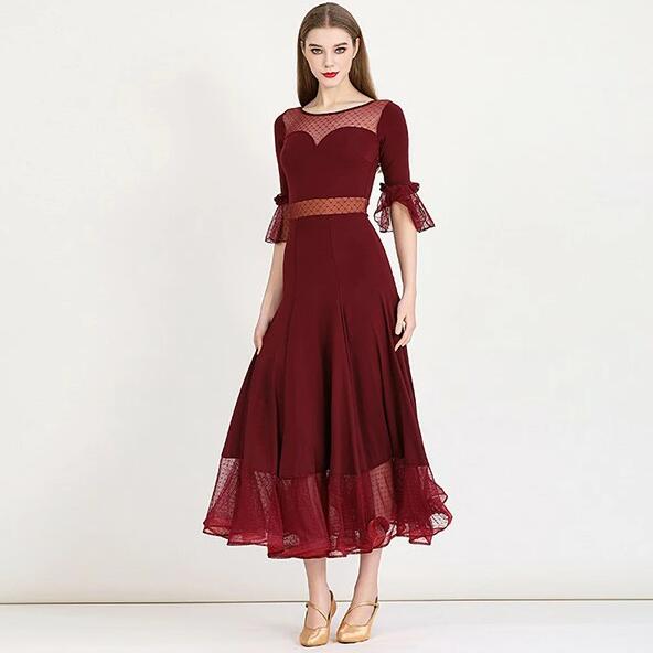 社交ダンス ドレス 社交 ダンス練習着 ロングドレス フリル 半袖 モダンドレス モダン スタンダード ワルツ ワンピース 無地 ダンス衣装 パーティー レッスン 練習着 コンクール 発表会