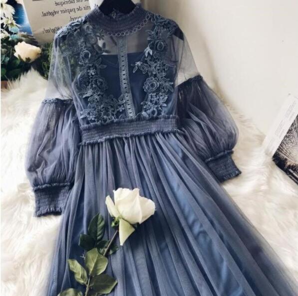 パーティードレス ミモレ丈 袖あり 結婚式 ワンピース レースワンピース 二次会 バルーン袖 2点セット刺繍 バルーン袖演奏会 発表会 シースルー レディースロングドレ 50代 40代 20代