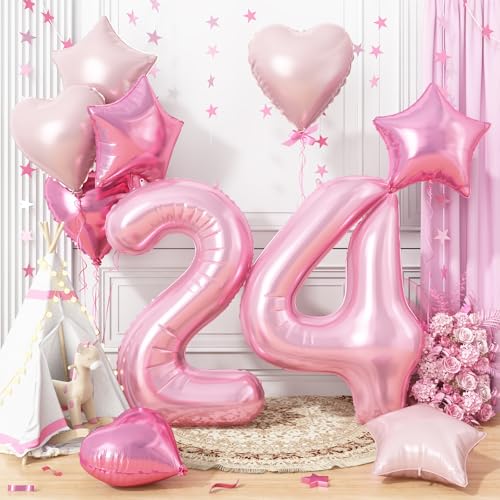誕生日 バルーン 風船セット 飾り付け 22歳 大きい数字 ナンバー24 ハート 星 スター アルミ風船 10個セット バースデー 飾り 記念日 お祝い パーティー 女の子 男の子 ピンク画像