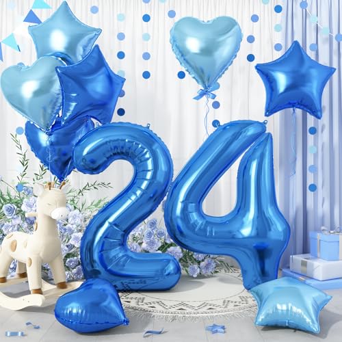 誕生日 バルーン 風船セット 飾り付け 22歳 大きい数字 ナンバー24 ハート 星 スター アルミ風船 10個セット バースデー 飾り 記念日 お祝い パーティー 女の子 男の子 ブルー画像