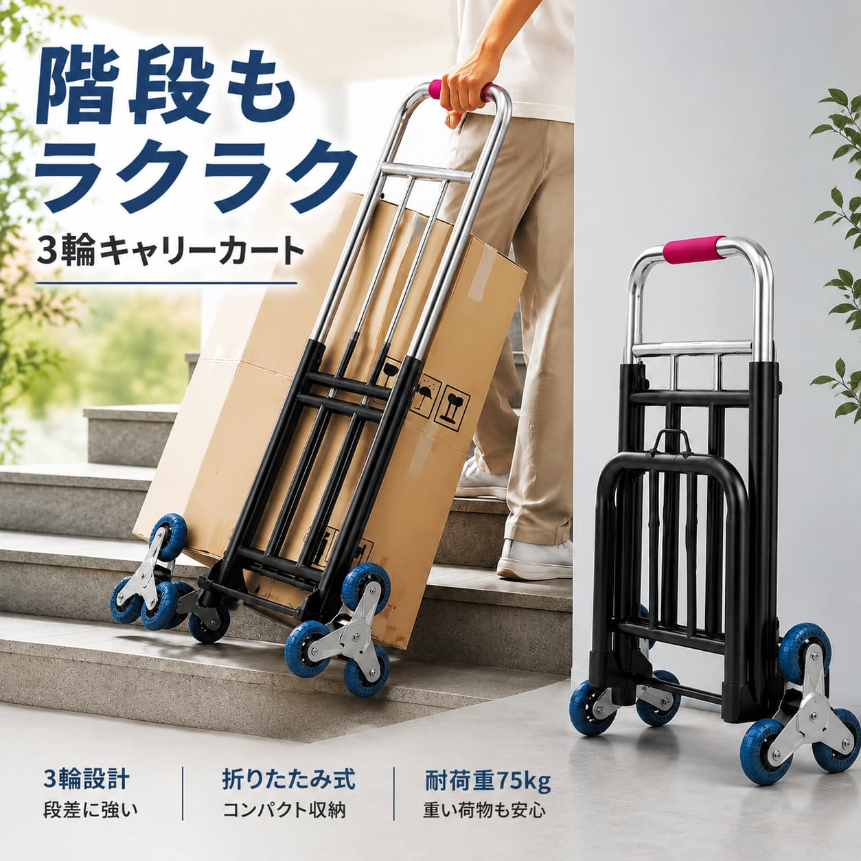階段を登れる3輪タイプの折りたたみキャリーカート。アルミ製で高さ調節ができるハンドル付き
