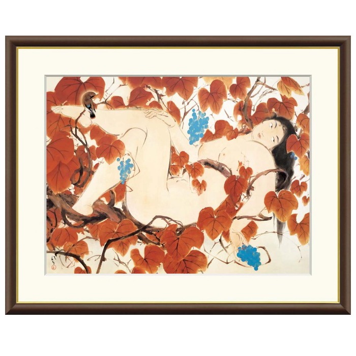 アート額絵 川端龍子 山葡萄 受注生産 高精細巧芸画 手彩補色 名画 おしゃれ フレーム付き 海外美術館スタイル