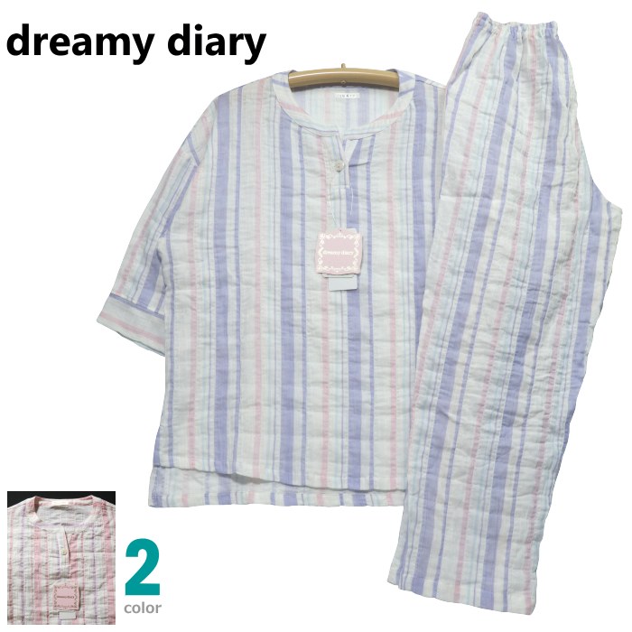 パジャマ Mサイズ レディース 7分袖 長パンツ dreamy diary シャーリングガーゼ 丸首半開 薄手 婦人ナイトウエア|あきし野 Interia-shop
