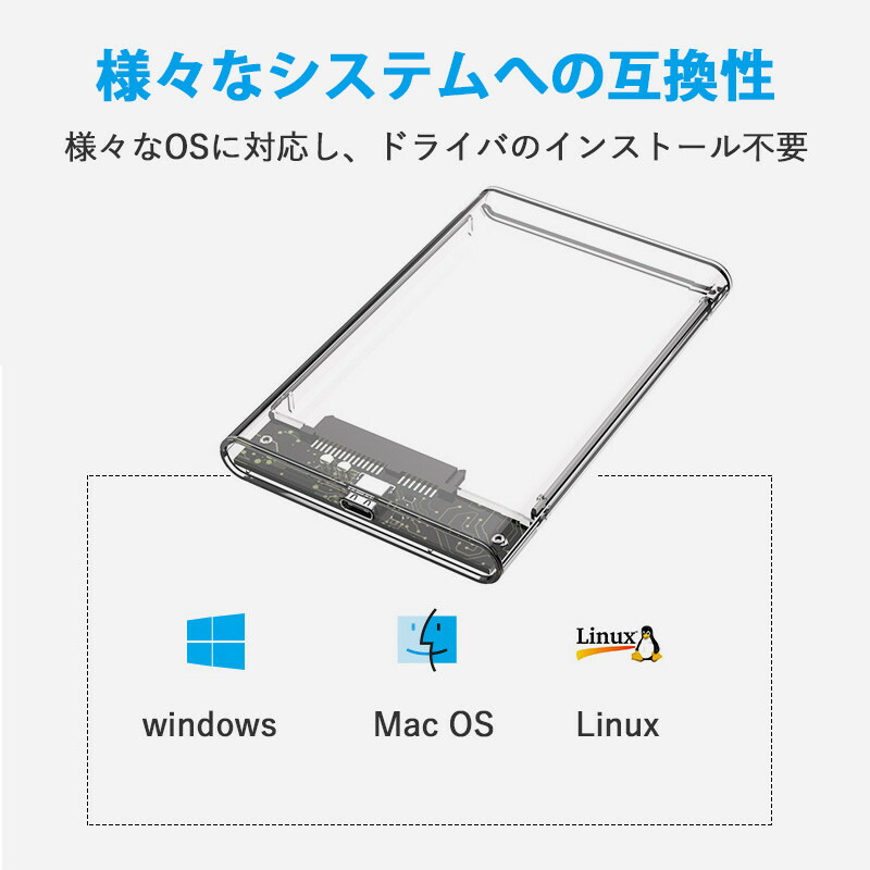 USB3.1Gen1ドライブケースSATA3.0外付けハードディスクケース10Gbps高速転送クリア透明SATAUSBケース9.5mm以下MacWindowsLinuxPS4HDTV対応