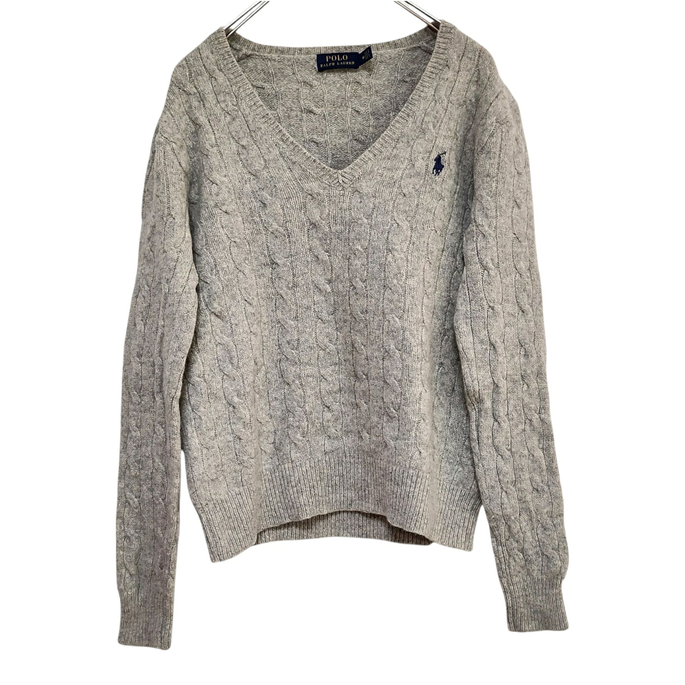 古着　ポロラルフローレン　POLO RALPH LAUREN　キッズ　ジュニア　M　150　160　Vネックニット　ケーブルニット　ウールニット　カシミヤ混　杢ベージュ　ポロポニー刺繍　女の子　子供服　通学　お出かけ　習い事　カジュアル　韓国　中古　ヴィンテージ　ユーズド