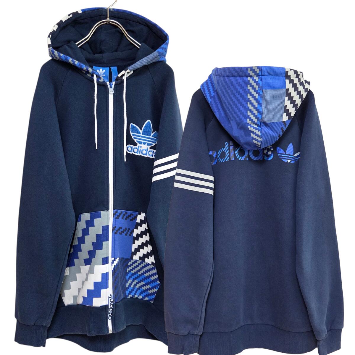 古着 アディダスオリジナルス adidas originals ジップアップパーカー メンズ L 裏起毛 米国海軍 ボンネット付き添い人 フーディー 流汗 幾何学的 幾何学学柄 ビッグロゴタイプ トレフォイル スリー縞模様 表どおり 韓国 中古 ヴィンテージ ユーズド