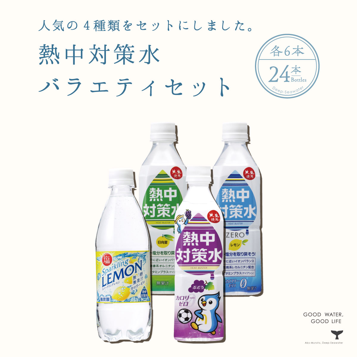 上質 送料無料 熱中対策水 お試しセット 熱中対策水シリーズ レモン味 日向夏味 スパークリングレモン ぶどう味 4種類が楽しめます  ＼クーポン利用で1000円OFF 4種類 あす楽 合計24本 熱中対策 各500ml 6本 赤穂化成 スパークリングレモン味 480ml 天塩