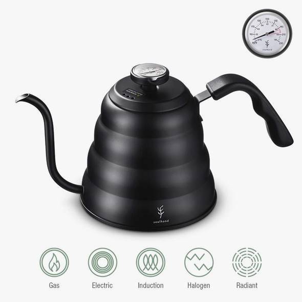 喫茶店湯わかし グースネック 湯わかし ティーポット 1200ML ヤカン 黒いこと 熱度計付 Soulhand Pour Over Kettle Gooseneck Kettle Tea Pot 湯わかし